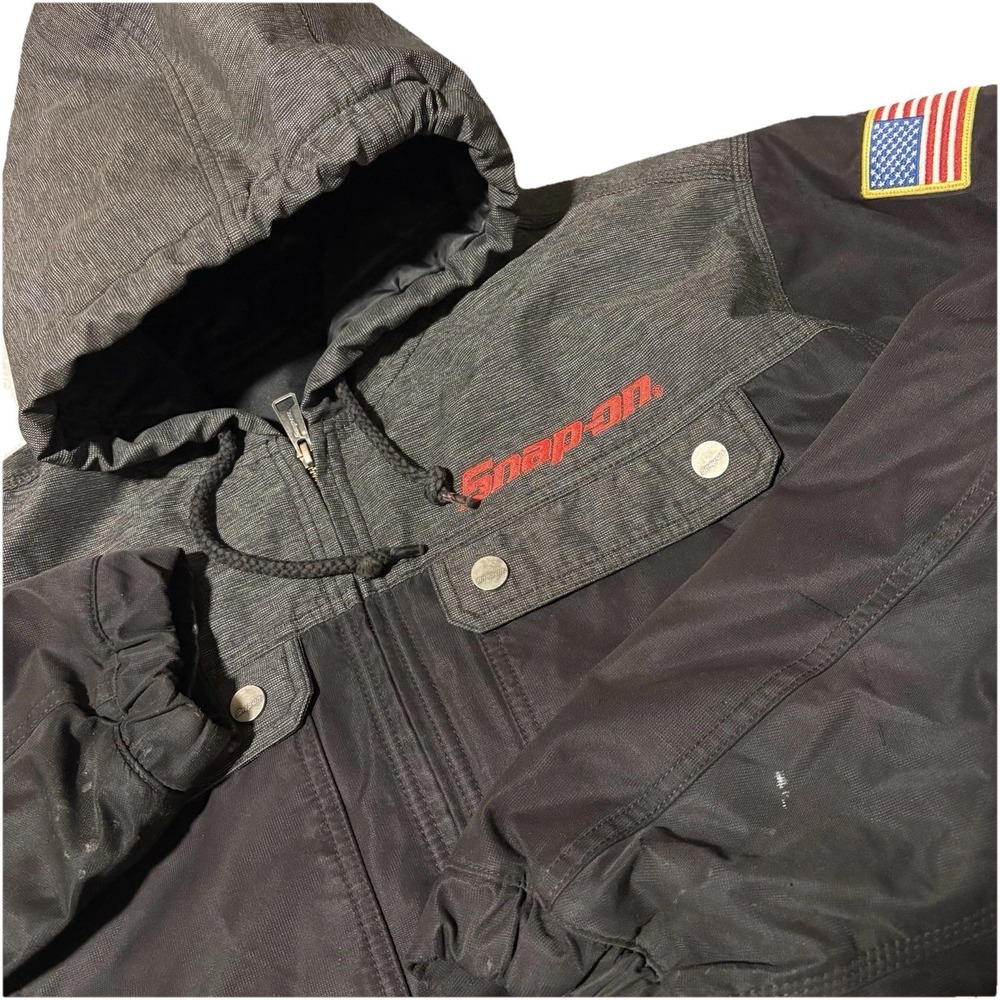 Snap-On Jacket Mens XL Black Canvas Distressed Hooded Full Zip Workwear USA Flag